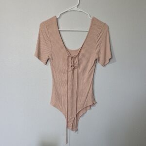 Charlotte Russe Ribbed Lace-Up Bodysuit - Blush